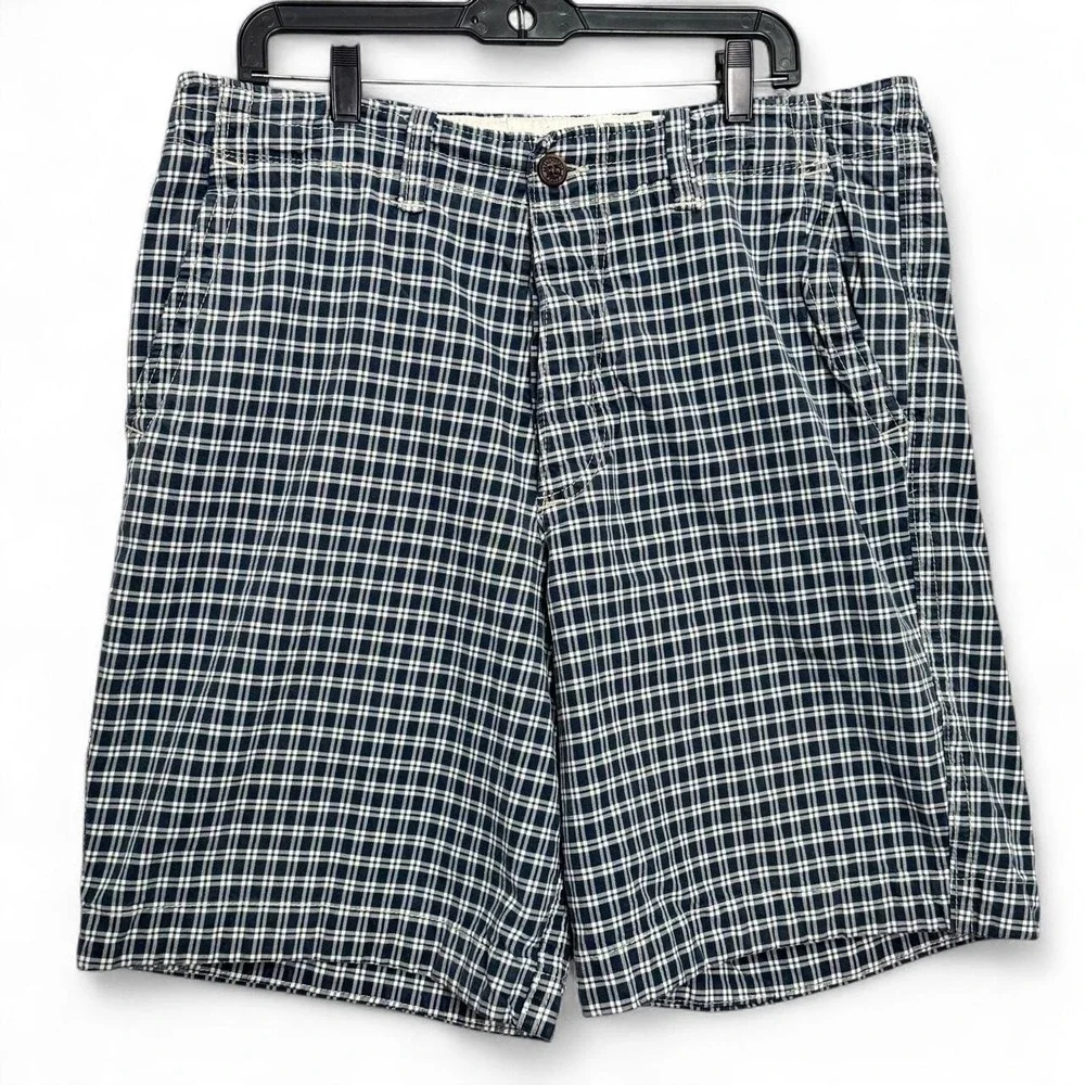 Abercrombie Fitch Men's 34 Blue Plaid Button Fly Drawstring Shorts Y2K Skater